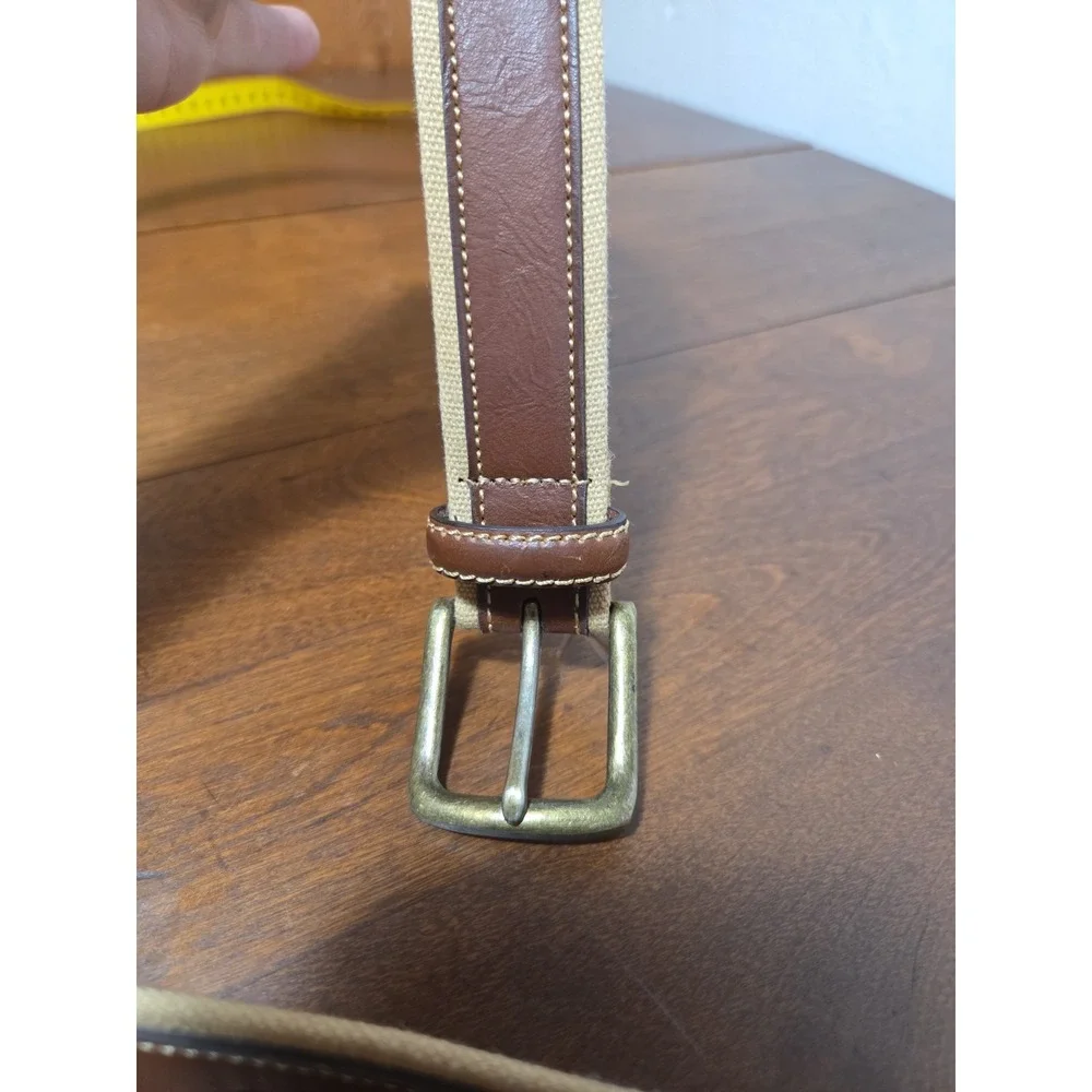 Mens 100% Cotton & Leather Belt Size Xl Brown Tan Brass Buckle